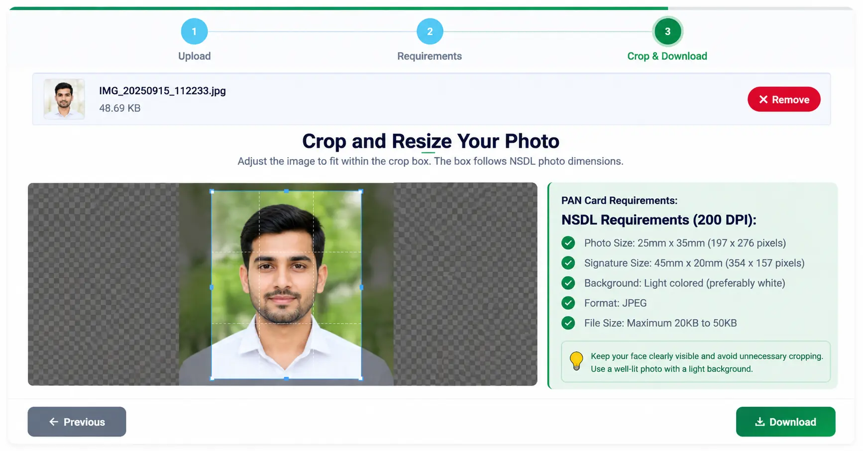 PAN card photo crop preview and download screen